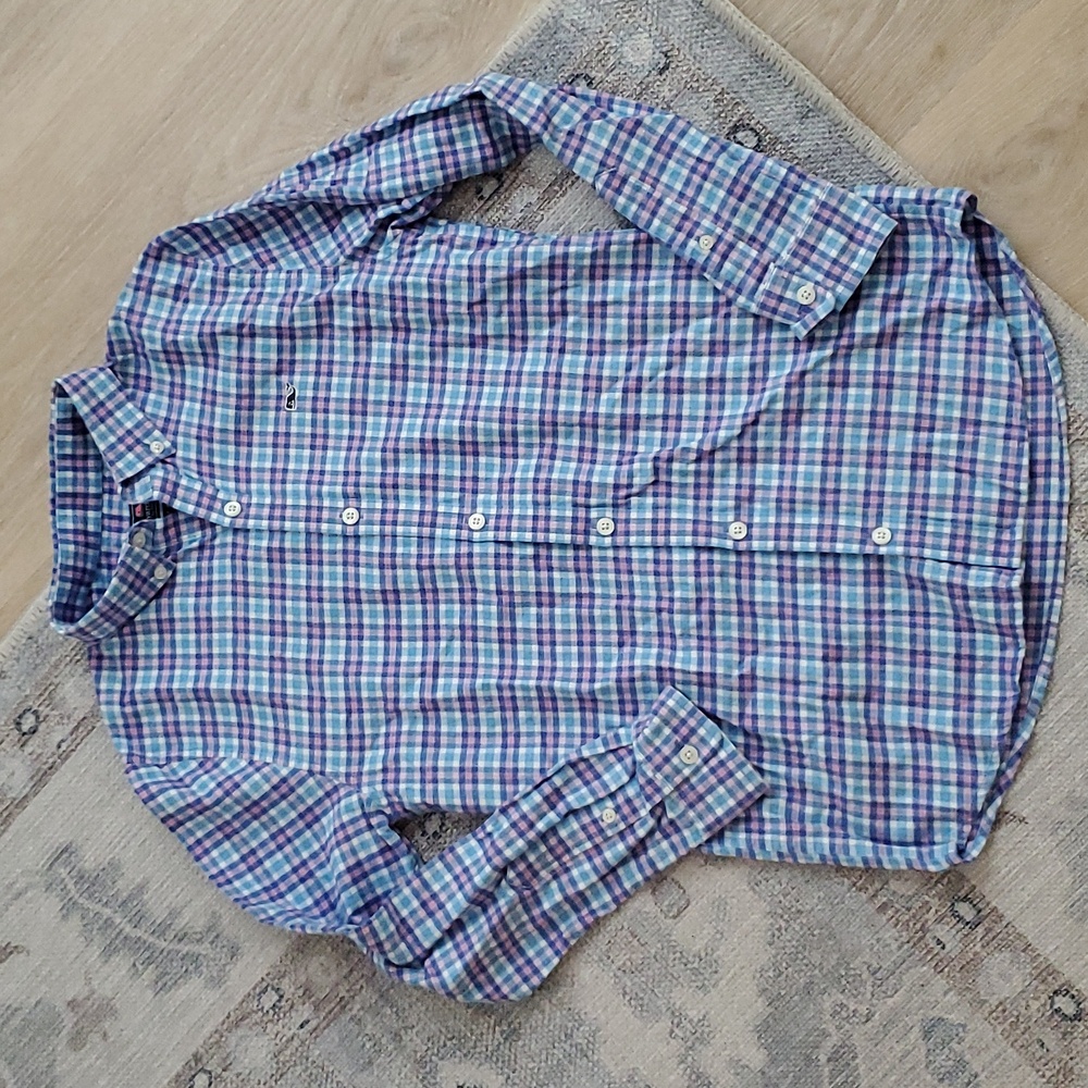 Vineyard Vines Boys Blue Pink Flannel Cotton Whale Shirt Button-up SzM (12-14)